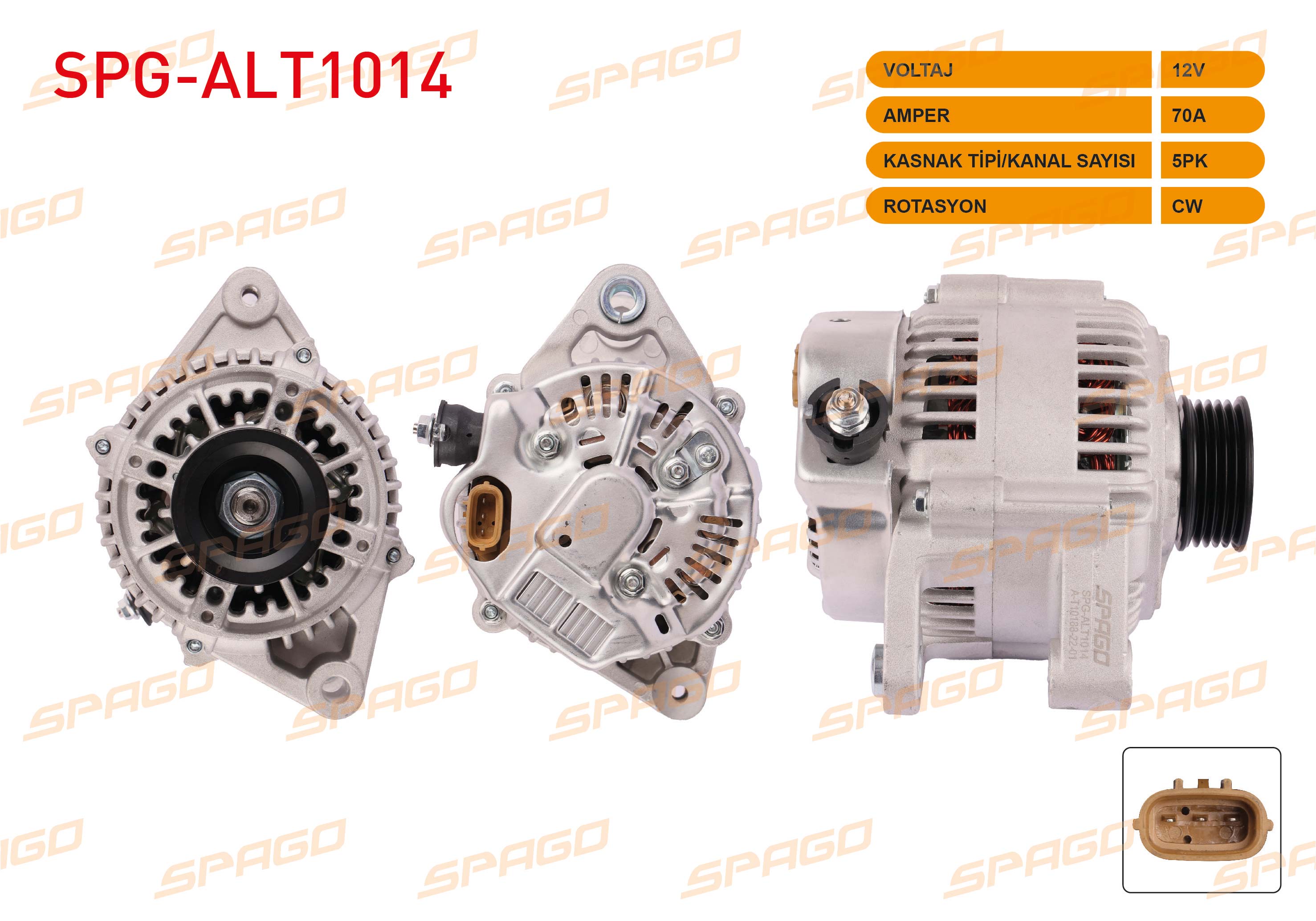 SPAGO F042A02025 | ALTERNATOR 12V 70A 5PK (ALT948) COROLLA (E10) 1.6i 92-97 - COROLLA (E11) 1.6i 97-02