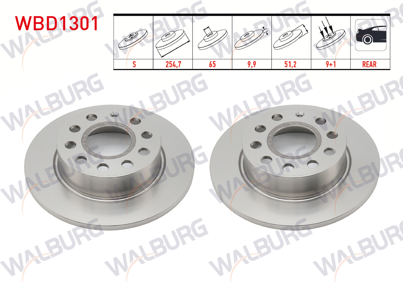 WALBURG  | FREN DISKI ARKA DUZ 5 BJN 253X9,9X65X51,2 GOLF V 1.4 TSI-1.6 TDI-2.0 TSI 2003-2009/LEON 1.6 TDI-1.4 TSI 2005-2012/A3 1.6-2.0 TFSI 2003-2012/OCTAVIA 1.6 TDI 2004-2012/TOLEDO III 1.6