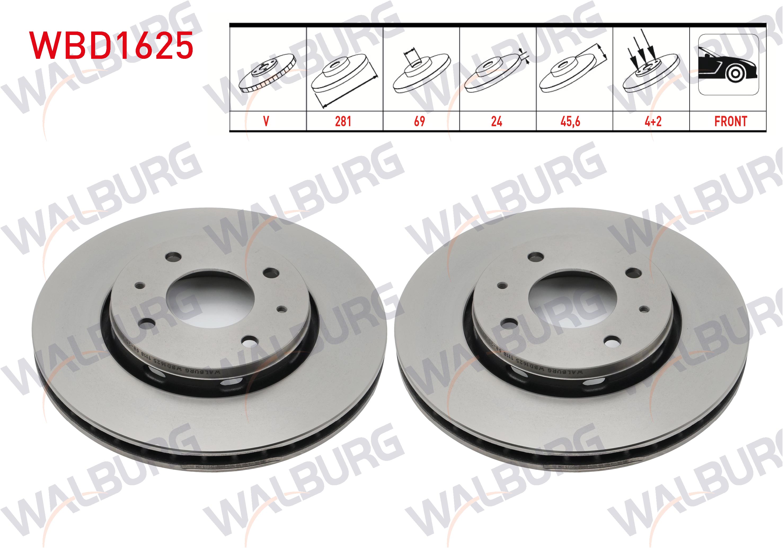 WALBURG  | FREN DISKI ON HAVALI 4 BJN 281X24X69X45,6 MITSUBISHI CARISMA 1.6-1.8-1.9 1995-2006 / VOLVO S40 1995-2003 / V40 1.6-1.8-1.9-2.0 1995-1999