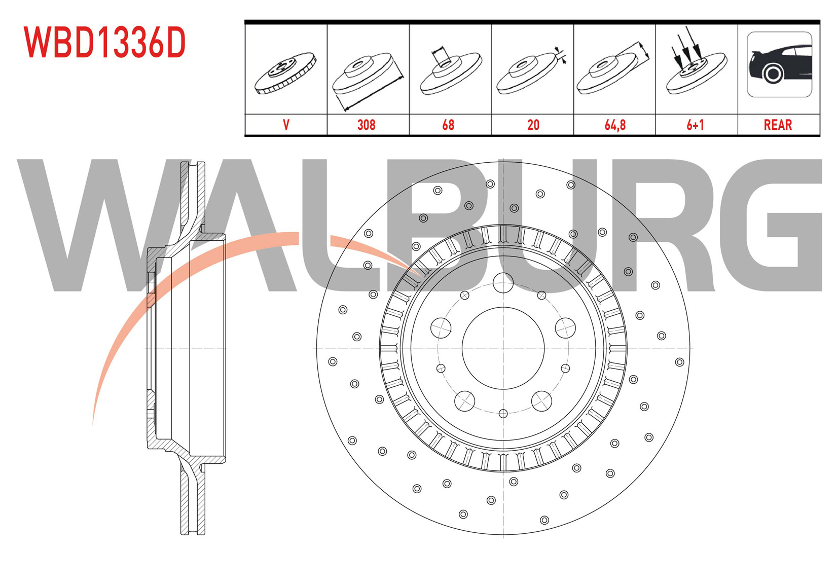 WALBURG  | FREN DISKI ARKA HAVALI PERFORMANS DELIKLI 5 BJN 308X20X68X64,8 VOLVO XC90 I 3.2i 2002-2014/ XC90 I 2.5 T 2002-2014/ XC90 I D3 2002-2014/ XC90 I D5 2002-2014/ XC90 I T6 2002-2014