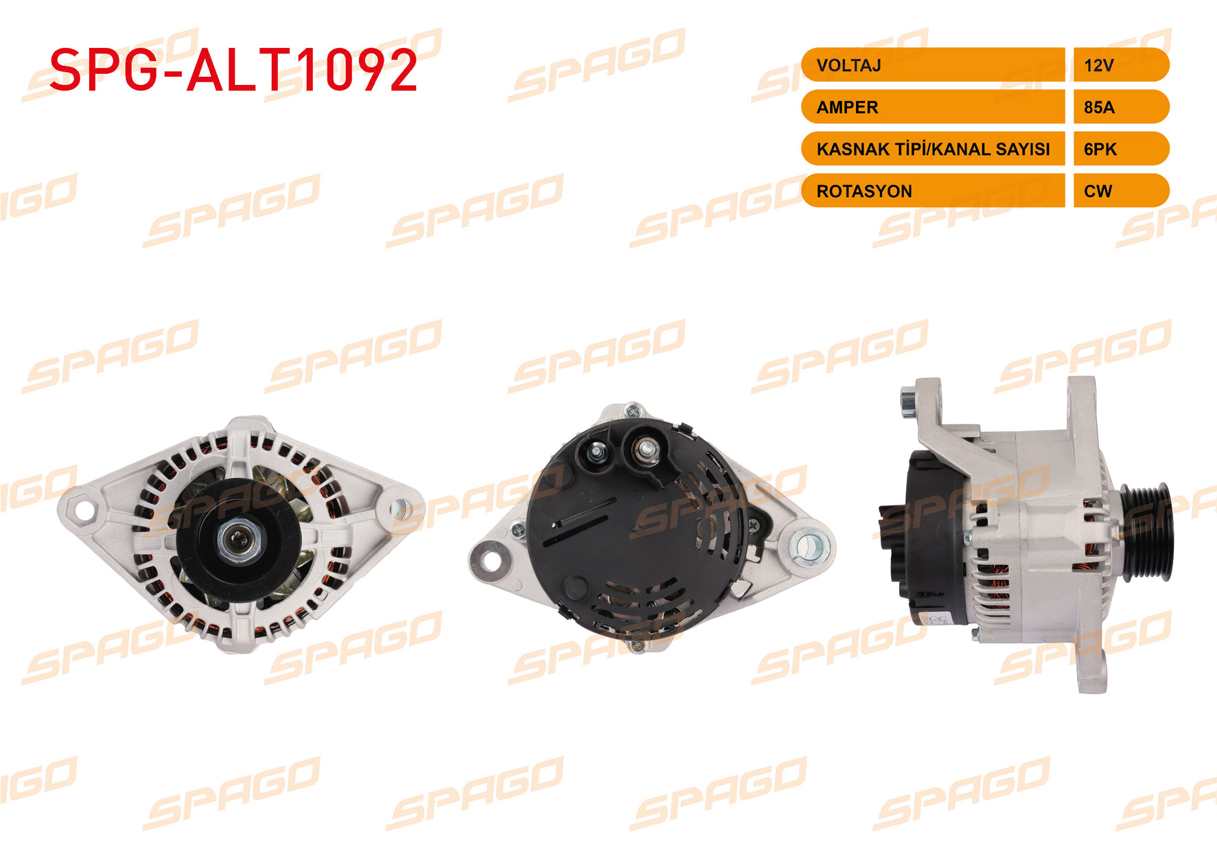 SPAGO  | ALTERNATOR 12V 85A 6PK (ALT462) SIENA 99-03 - PALIO 98-03 - MAREA 96-02 - BRAVO 96-01 (BENZINLI ARACLAR ICIN)