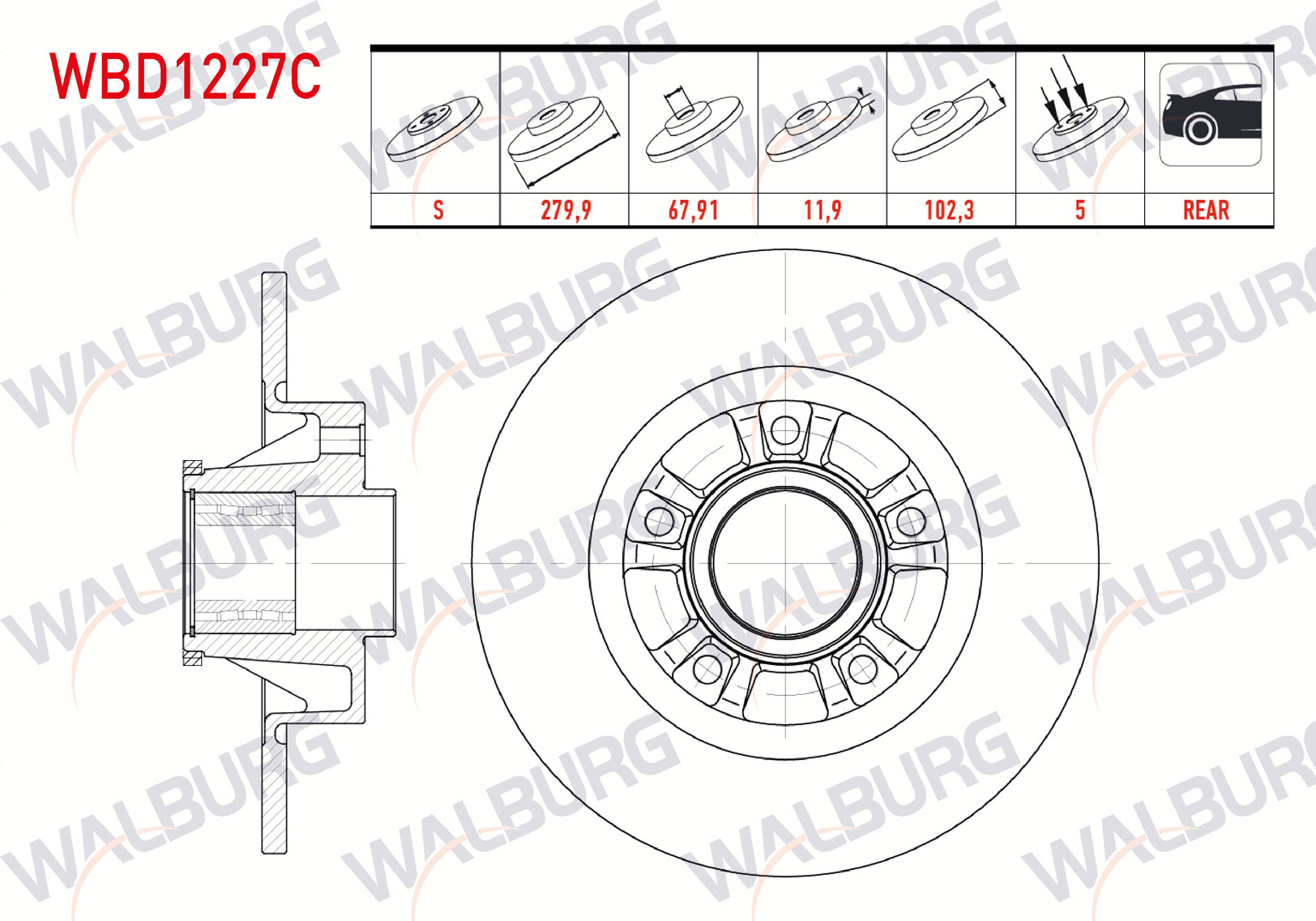 WALBURG  | FREN DISKI ARKA DUZ KAPLAMALI 5 BJN 280X12X67,92X102,2 PORYA RULMANLI ABSLI RENAULT TRAFIC II 1.9 DCI - 2.0 DCI 2001-2014 / OPEL VIVARO (J7) 1.9 DTI 2002-2014/ VIVARO (X83) 2.0 CDT