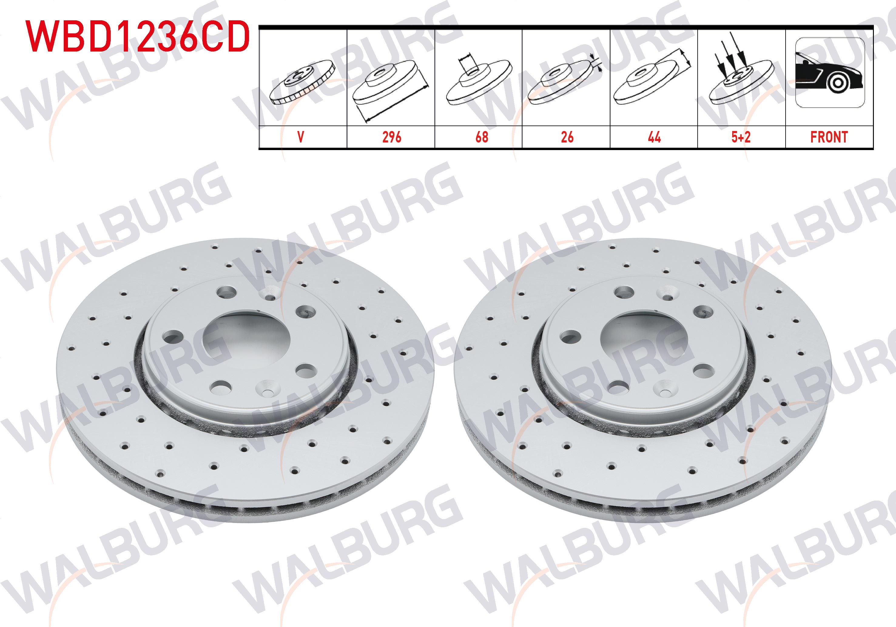 WALBURG  | FREN DISKI ON HAVALI KAPLAMALI PERFORMANS DELIKLI 5 BJN 296X26X68X44 RENAULT LAGUNA III 1.5 DCI - 2.0 DCI - 1.6i 16v 2007-/ LATITUDE 1.5 DCI - 2.0 DCI 2011-/ SCÉNIC III 1.5 DCI - 1