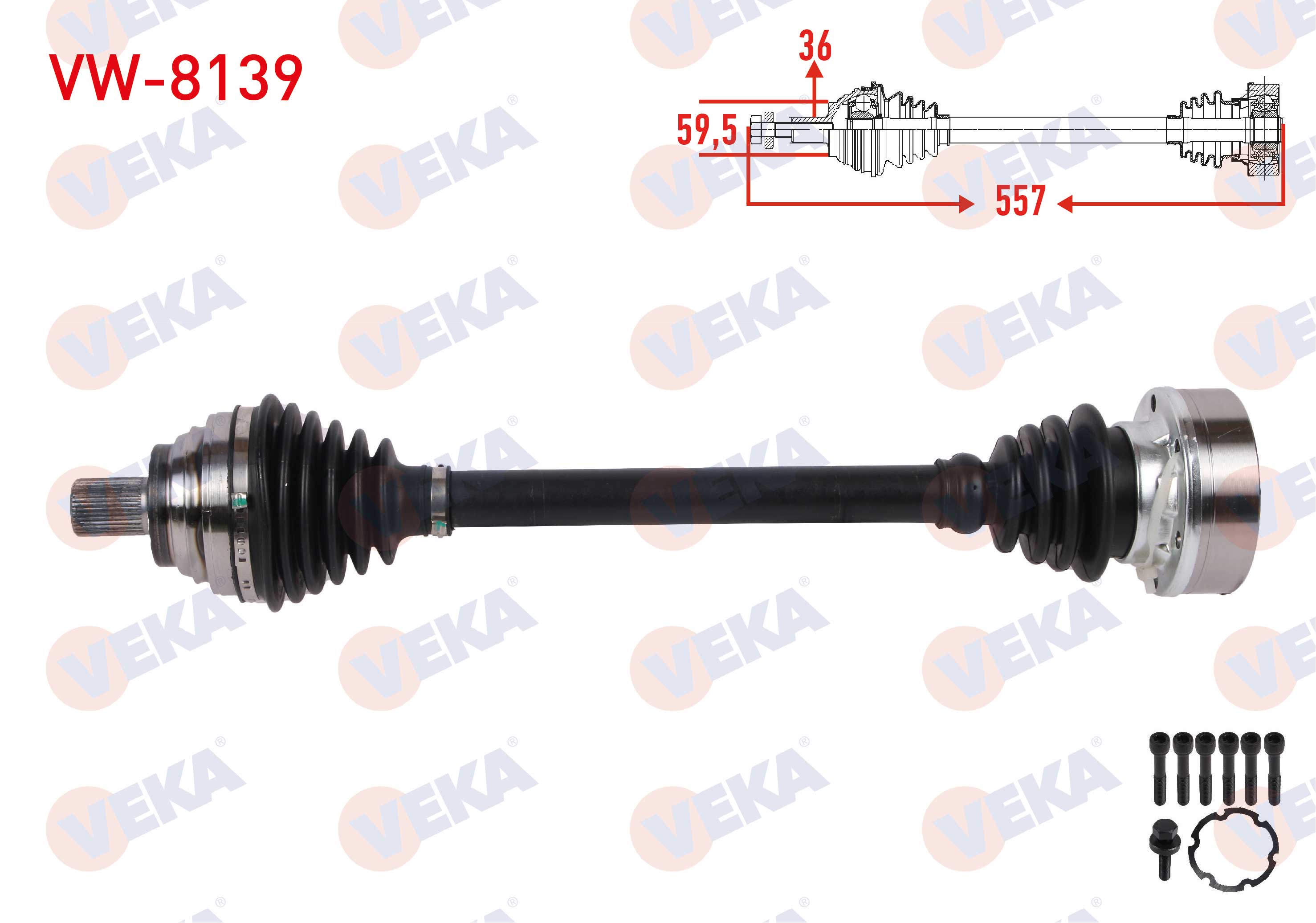 VEKA VKJC 4596 | KOMPLE AKS SOL ON UZUNLUK 557mm VOLKSWAGEN GOLF V (1K1) 1.6 FSI M-T 2003-2009/ AUDI A3 1.6 FSI M-T 2003-2007/ SKODA OCTAVIA II 1.6 FSI M-T 2004-2008