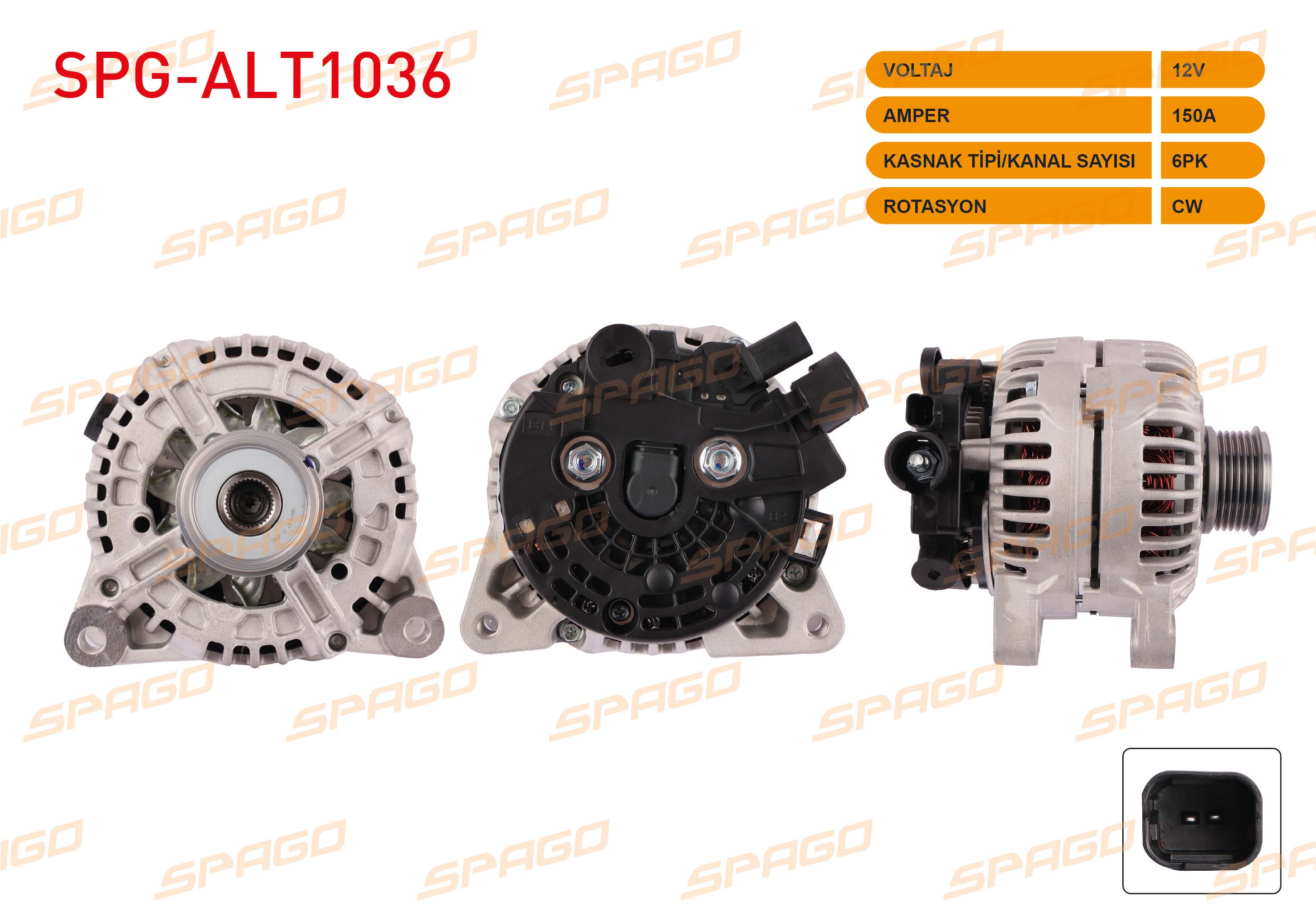 SPAGO 063730027010 | ALTERNATOR (B TIPI) 12V 150A 6PK (ALT200) PARTNER EXPERT BOXER / BERLINGO JUMPY JUMPER (DIZEL ARACLAR ICIN)