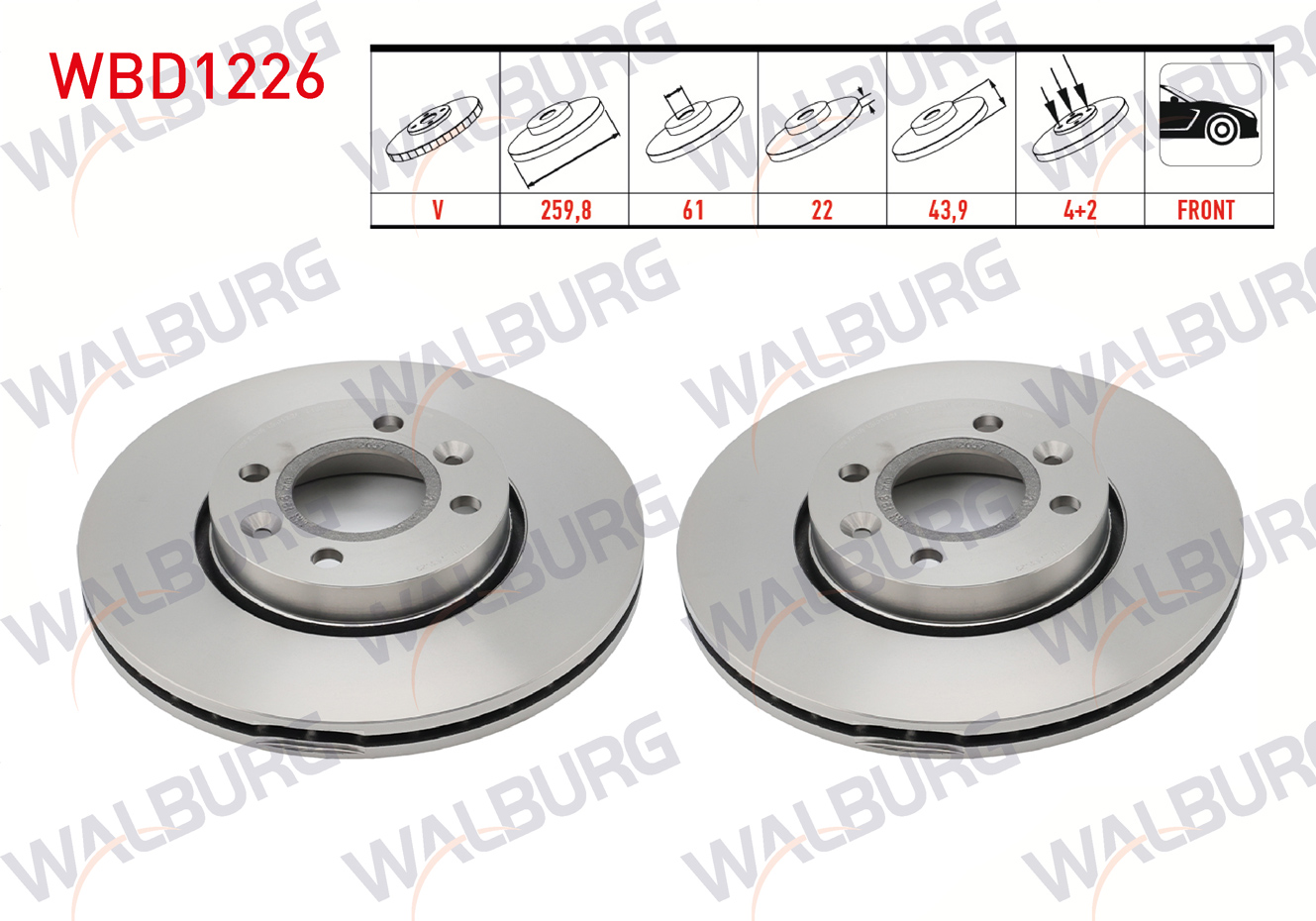 WALBURG  | FREN DISKI ON HAVALI 4 BJN 259,8X22X61X43,9 CLIO III 1.5 DCI - 1.4i 2005-2012/MODUS 1.4i 16v - 1.5 DCI 2004-/MICRA 1.2i 16v - 1.5 DCI - 1.4i 16v 2003-2010/ NOTE 1.5 DCI - 1.6i 16v