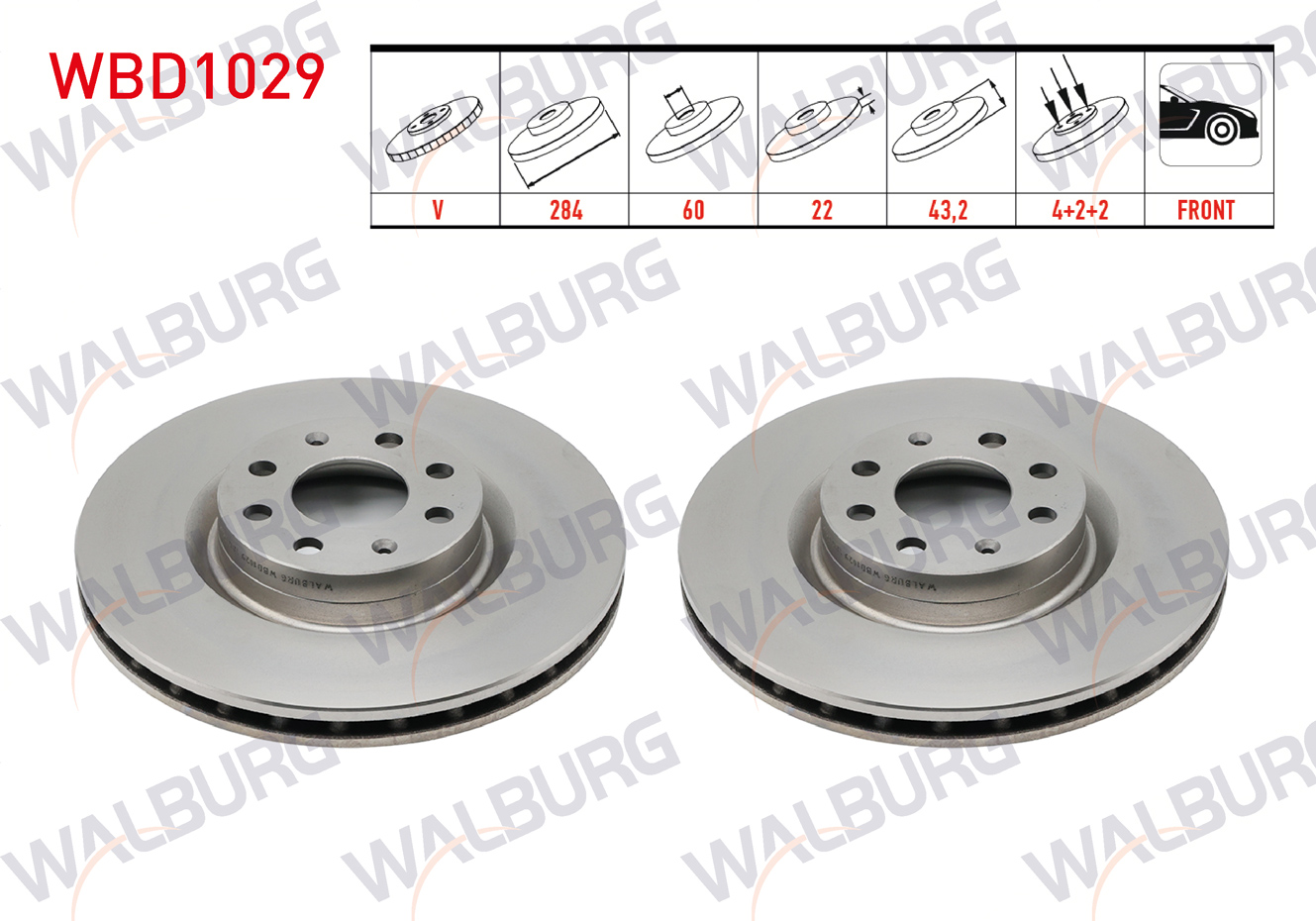 WALBURG  | FREN DISKI ON HAVALI 4 BJN 284X22X60X43,2 FIAT G.PUNTO 1.3 MJT - 1.9 MJT 2005-2012/ OPEL CORSA D 1.3 CDTI - 1.2 - 1.4 2006-2014