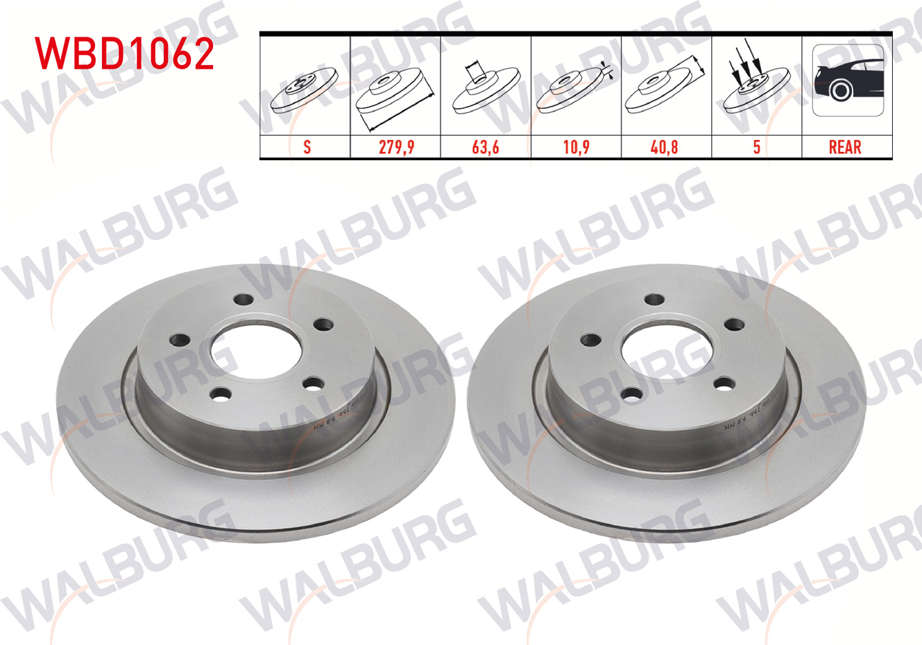 WALBURG  | FREN DISKI ARKA DUZ 5 BJN 279,9X10,9X63,6X40,8 FORD C-MAX I 1.6 TDCI - 1.6i - 1.4i -2.0i 2007-2011/ FOCUS II (DA) 1.4i - 1.6i - 1.8i - 1.6 TDCI 2004-2011 / VOLVO S40 II 1.6i - 2.0i
