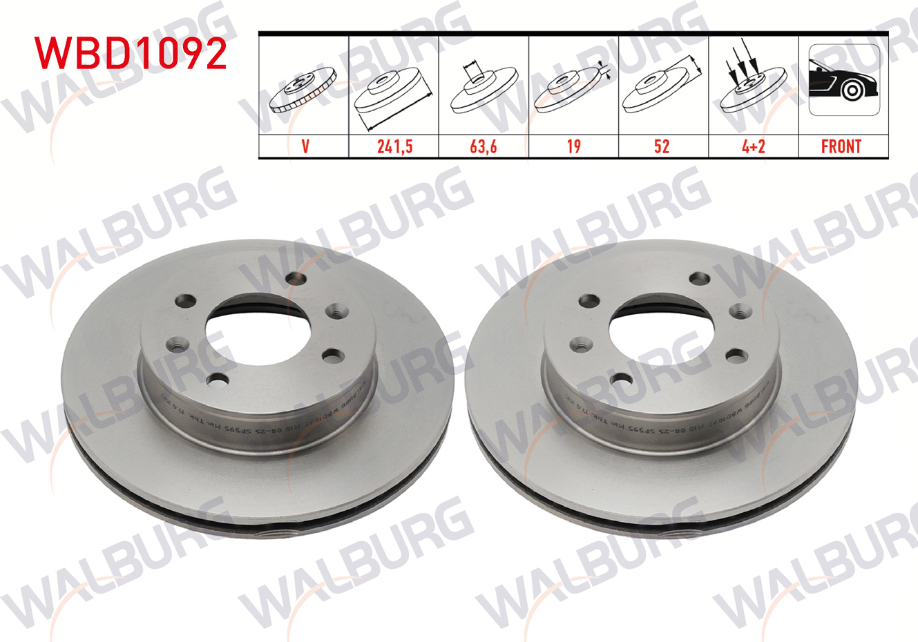 WALBURG  | FREN DISKI ON HAVALI 4 BJN 241,5X19X63,6X52 HYUNDAI ACCENT ADMIRE 1.3 - 1.6 - 1.5 CRDI 2003-2006/ ACCENT II (LC) 1.3 - 1.5i - 1.6i 2000-2005/ ACCENT MILENIUM 1.3 - 1.5 - 1.5 CRDI 2