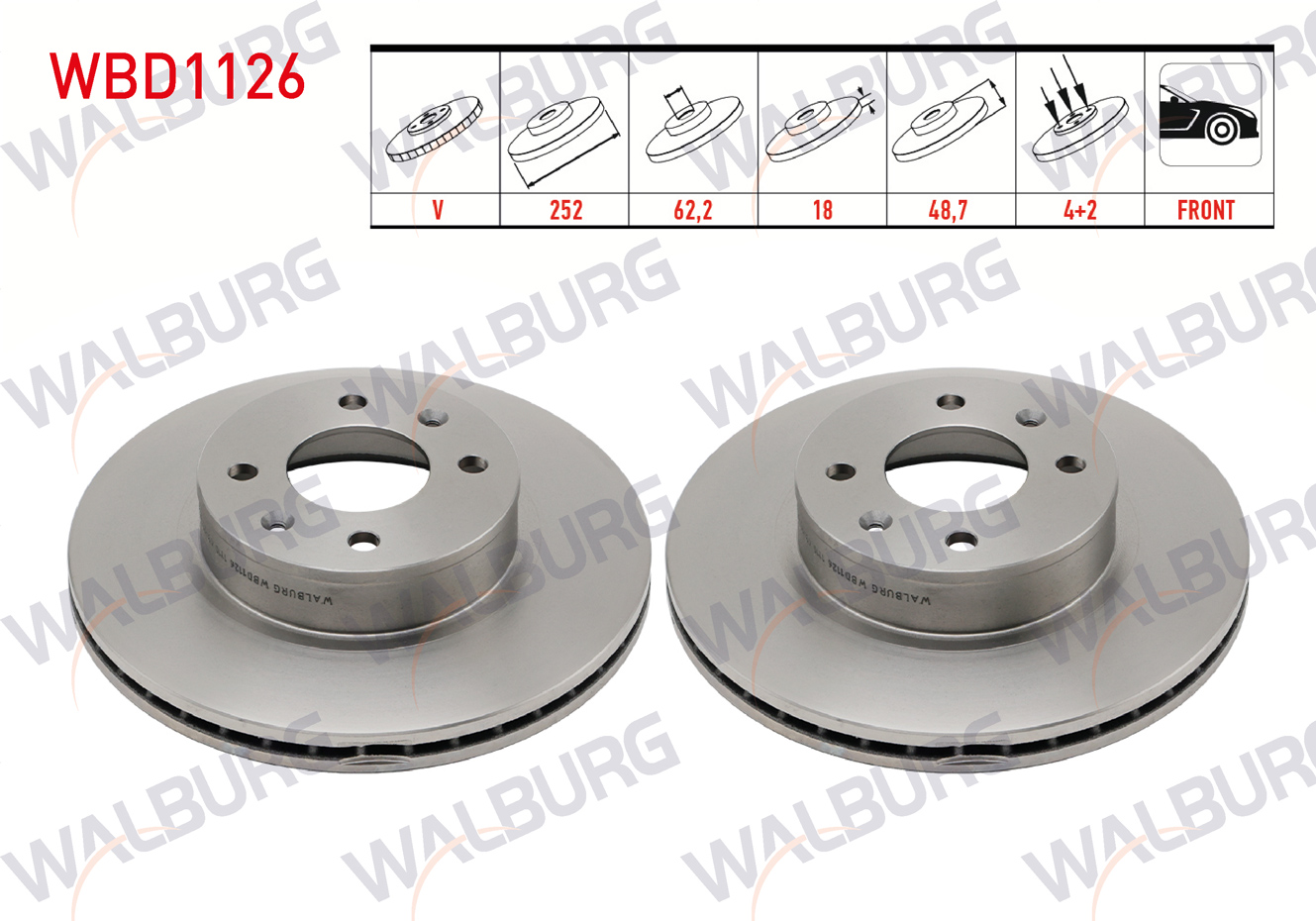 WALBURG  | FREN DISKI ON HAVALI 4 BJN 252X18X62,2X48,7 HYUNDAI I10 (BA) 1.2 D-CVVT 14 JANT 2013- / I10 (PA) 1.1i 12v 2008-2013 / I10 (BA) 1.0 D-CVVT 2013- / PICANTO (BA) 1.25 2004-2011