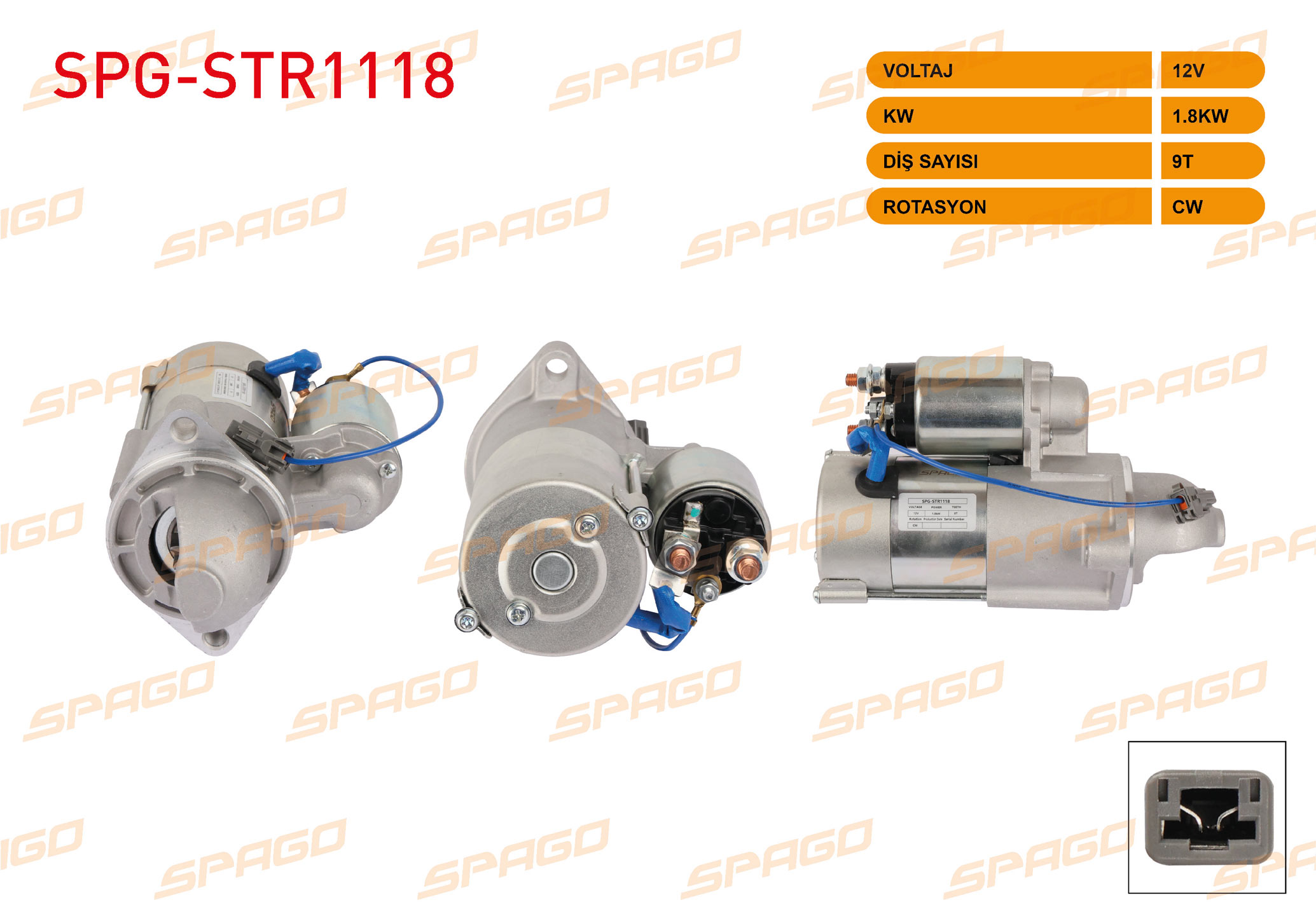 SPAGO  | MARS MOTORU 12V 1.8KW 9 DIS CW (STR3066) CAPTIVA 07-13 - CRUZE 09-12 / ANTARA 07-12 (DIZEL ARACLAR ICIN)