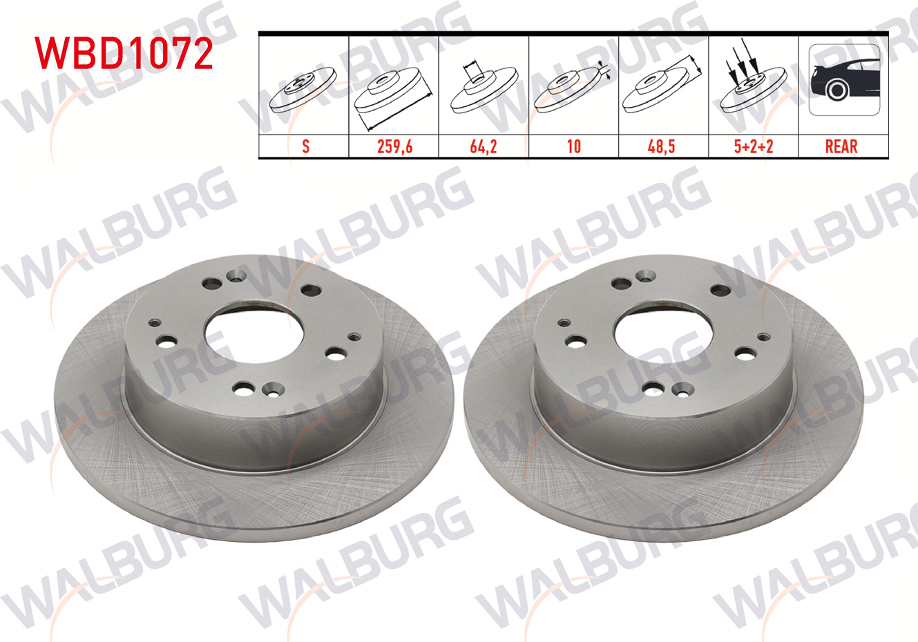 WALBURG 0 986 479 225 | FREN DISKI ARKA DUZ 5 BJN 259,6X10X64,2X48,5 HONDA CIVIC VII 2.0 I-VTEC 2000-2006 / CIVIC VII 2.0 TYPE-R 2000-2006