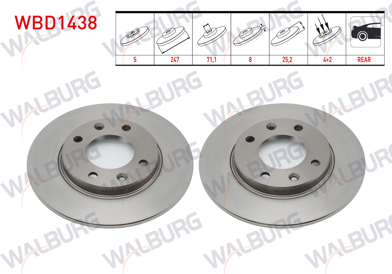 WALBURG 0 986 478 464 | FREN DISKI ARKA DUZ 4 BJN 247X8X71,1X25,2 PEUGEOT 306 1.6i 1993-2002/ 106 GTI 1996-2005/ CITROEN XSARA 1.6i 1997-2005 - SAXO 1.6 VTS 1996-2004