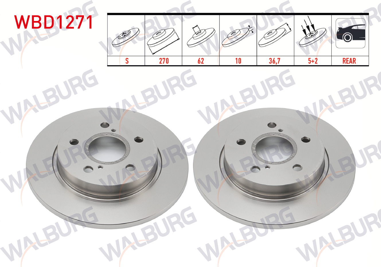 WALBURG 0 986 479 S64 | FREN DISKI ARKA DUZ 5 BJN 270X10X62X36,7 COROLLA 1.4 D-4D - 1.33 2007-2012/AURIS 1.33 DUAL-VVT-I 2007-2012/AURIS 1.4 D-4D 2007-2012/AURIS 1.33 2012-/AURIS 1.4 D-4D 2012-/AURIS 1.6