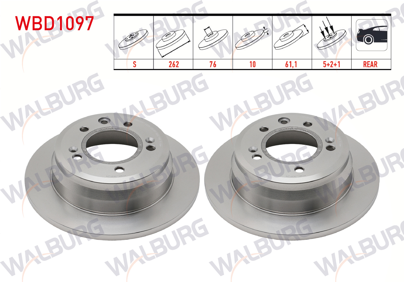WALBURG  | FREN DISKI ARKA DUZ 5 BJN 262X10X76X61,1 HYUNDAI I30 1.4i - 1.6i - 1.6 CRDI 2007-2011/ IX35 1.6 GDI 4X2 17 JANT 2010-/ KIA CEE'D 1.4i - 1.6i - 1.6 CRDI 2006-2012 / SPORTAGE 1.6 GDI