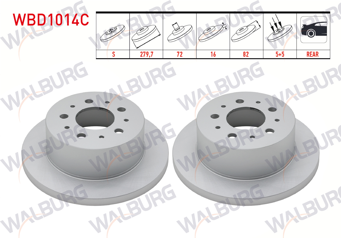WALBURG  | FREN DISKI ARKA DUZ KAPLAMALI 5 BJN 279,7X16X72X82 FIAT DUCATO 2.0 JTD- 2.3 JTD- 2.8 TDI 2002-2006 / CITROEN JUMPER II 2.8 HDI 2002-2006 / PEUGEOT BOXER II 2.0 HDI 2002-2006