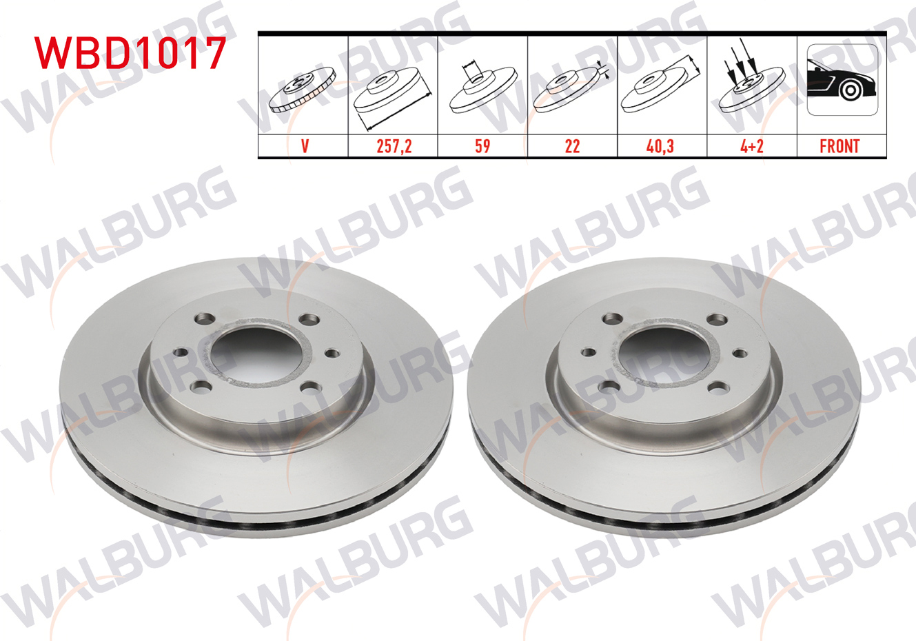 WALBURG  | FREN DISKI ON HAVALI 4 BJN 257,2X22X59X40,3 FIAT LINEA 1.3 MJT- 1.4 2007-/ DOBLO 1.3 MJT 2001-2010/ FIORINO 1.3 MJT 2007-/ BIPPER 1.4 HDI 2008-/ NEMO 1.4 HDI 2007-