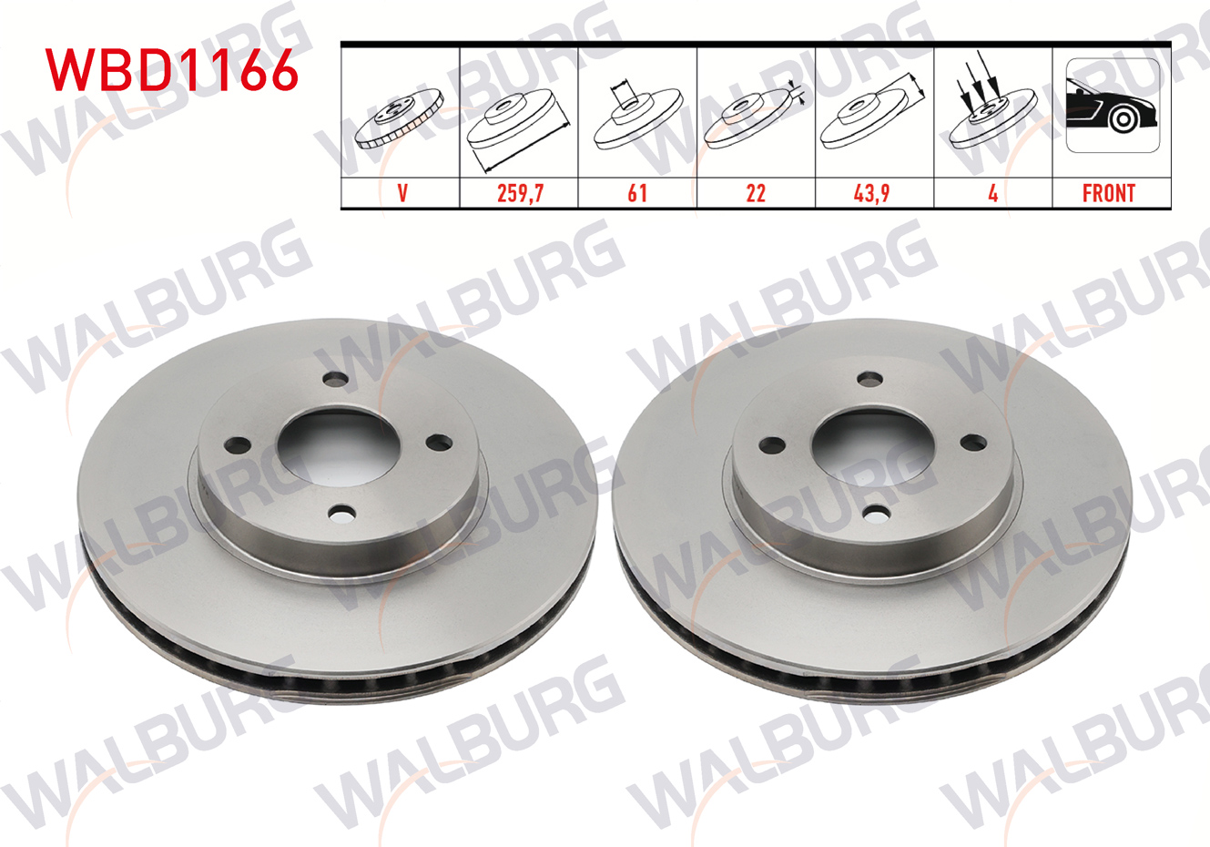 WALBURG 0 986 479 090 | FREN DISKI ON HAVALI 4 BJN 259,7X22X61X43,9 NISSAN MICRA IV (K13) 1.2 2010- / MICRA IV (K13) 1.2 DIG 2010-