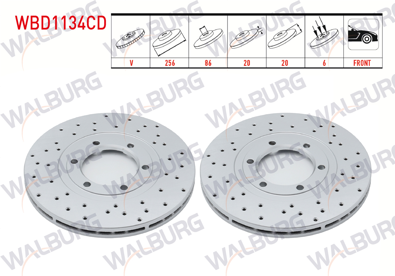 WALBURG  | FREN DISKI ON HAVALI KAPLAMALI PERFORMANS DELIKLI 6 BJN 256X20X86X20 MAZDA E 2200 (SR2) 2.2 D 1984-2004 / BESTA 2.2 D 1993-2003