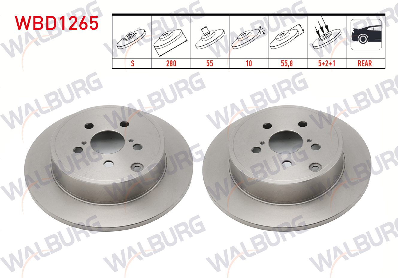 WALBURG  | FREN DISKI ARKA DUZ 5 BJN 280X10X55X55,8 TOYOTA AVENSIS 1.6 VVT-I 2003-2008 / AVENSIS 1.8 2003-2008 / AVENSIS 2.0 D-4D 2003-2008
