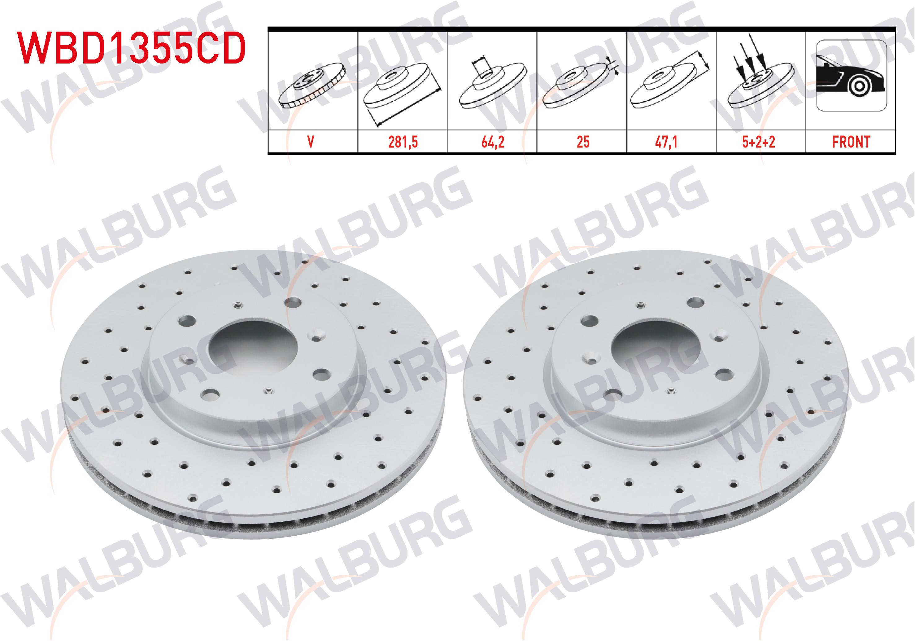 WALBURG  | FREN DISKI ON HAVALI KAPLAMALI PERFORMANS DELIKLI 4 BJN 281,5X25X64,2X47,1 HONDA ACCORD VI (CG,CK) 2.0i 16v 1997-2003 / ACCORD VI (CG,CK) 1.6i 1997-2003 / ACCORD VI (CG,CK) 1.8i 19