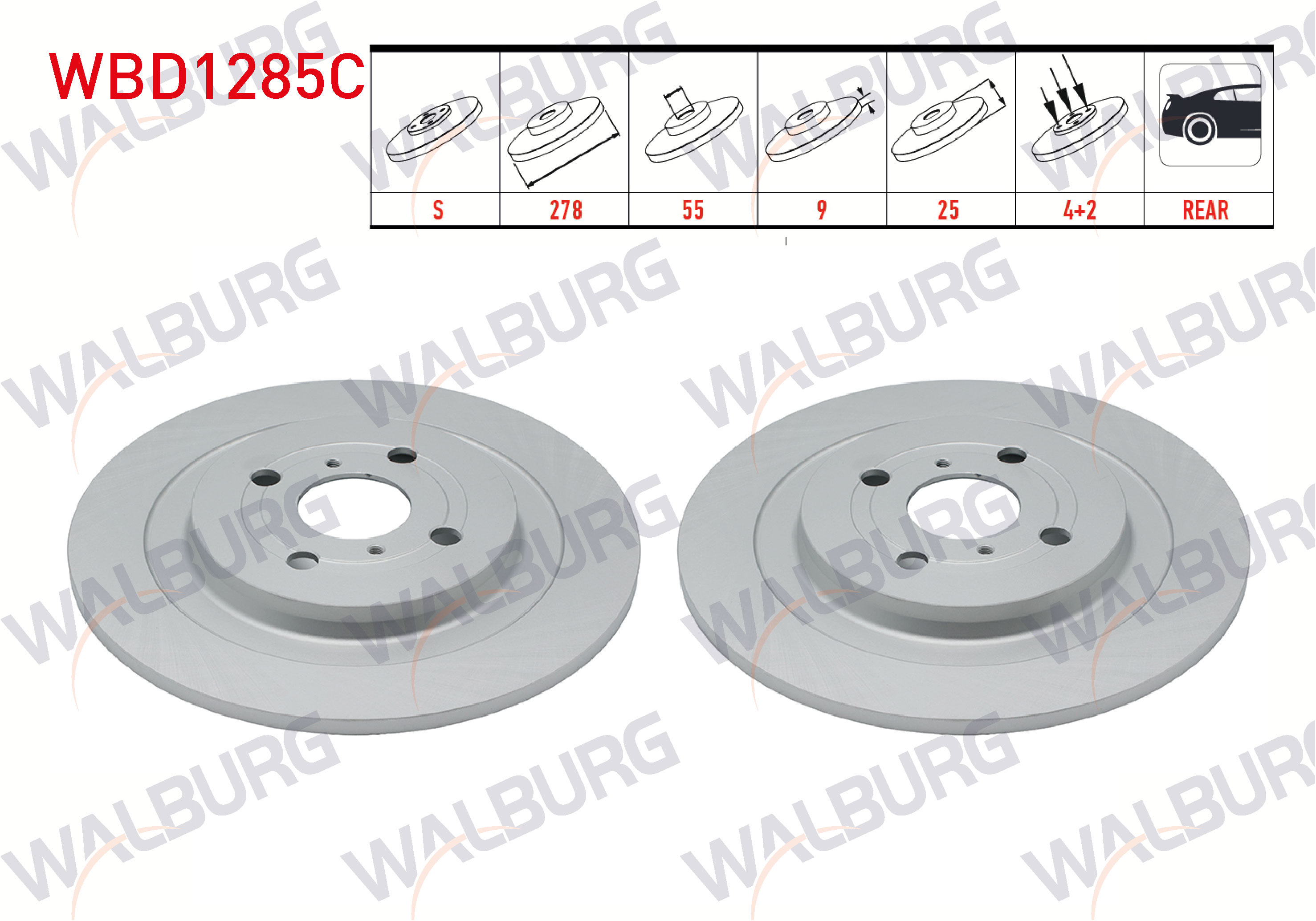 WALBURG  | FREN DISKI ARKA DUZ KAPLAMALI 4 BJN 278X9X55X25 YARIS 1.0 VVT-I 2006-2010/YARIS 1.3 VVT-I 2006-2010/YARIS 1.4 D-4D 2006-2010/YARIS 1.33 VVT-I 2006-2010/YARIS 1.33 2011-/YARIS 1.4 D