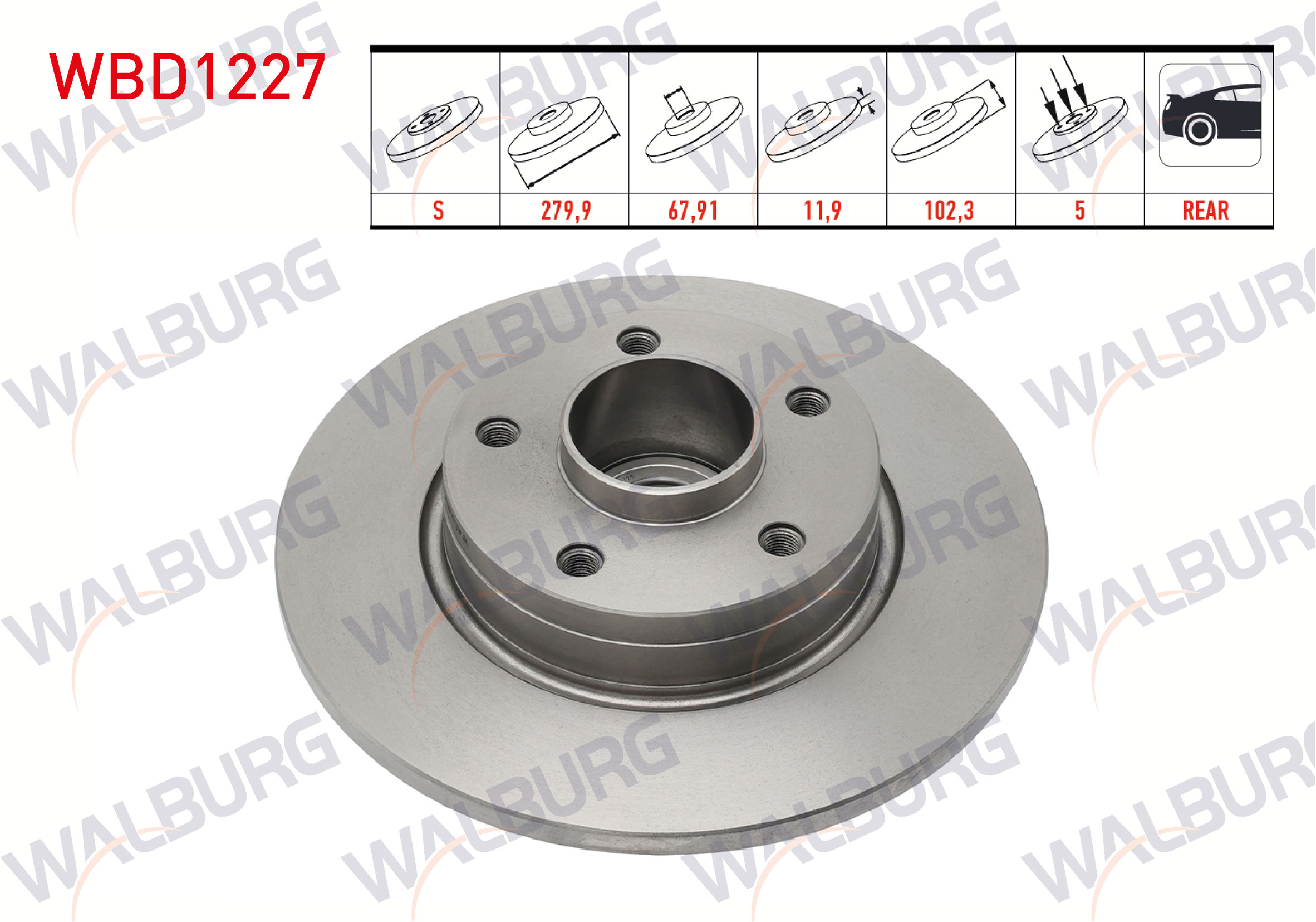 WALBURG 0 986 479 144 | FREN DISKI ARKA DUZ 5 BJN 280X12X67,92X102,2 PORYA RULMANLI ABSLI RENAULT TRAFIC II 1.9 DCI - 2.0 DCI 2001-2014 / OPEL VIVARO (J7) 1.9 DTI 2002-2014/ VIVARO (X83) 2.0 CDTI 2015-