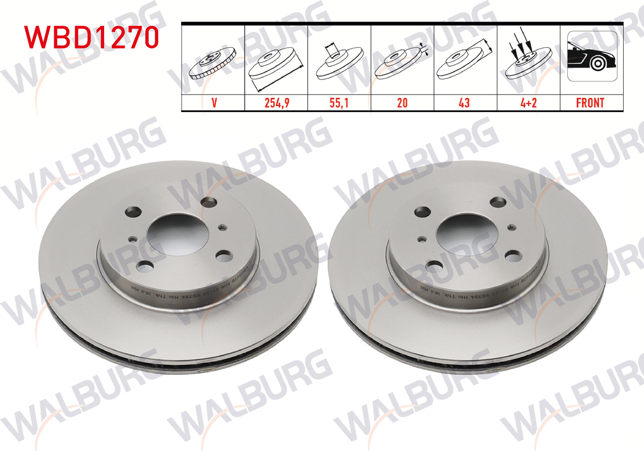 WALBURG  | FREN DISKI ON HAVALI 4 BJN 254,9X20X55,1X43 TOYOTA YARIS 1.0i 1999-2005 / YARIS 1.3i 1999-2005 / YARIS 1.4 D-4D 1999-2005 / YARIS 1.5 VVT-I 1999-2005