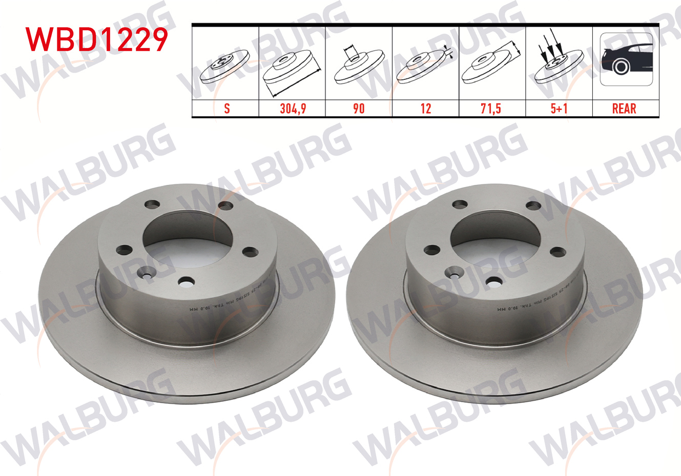 WALBURG 0 986 479 717 | FREN DISKI ARKA DUZ 5 BJN (BJN DELIK CAP 15,5mm) 304,9X12X90X71,5 RENAULT MASTER III (FV) 2.3 DCI 2010-