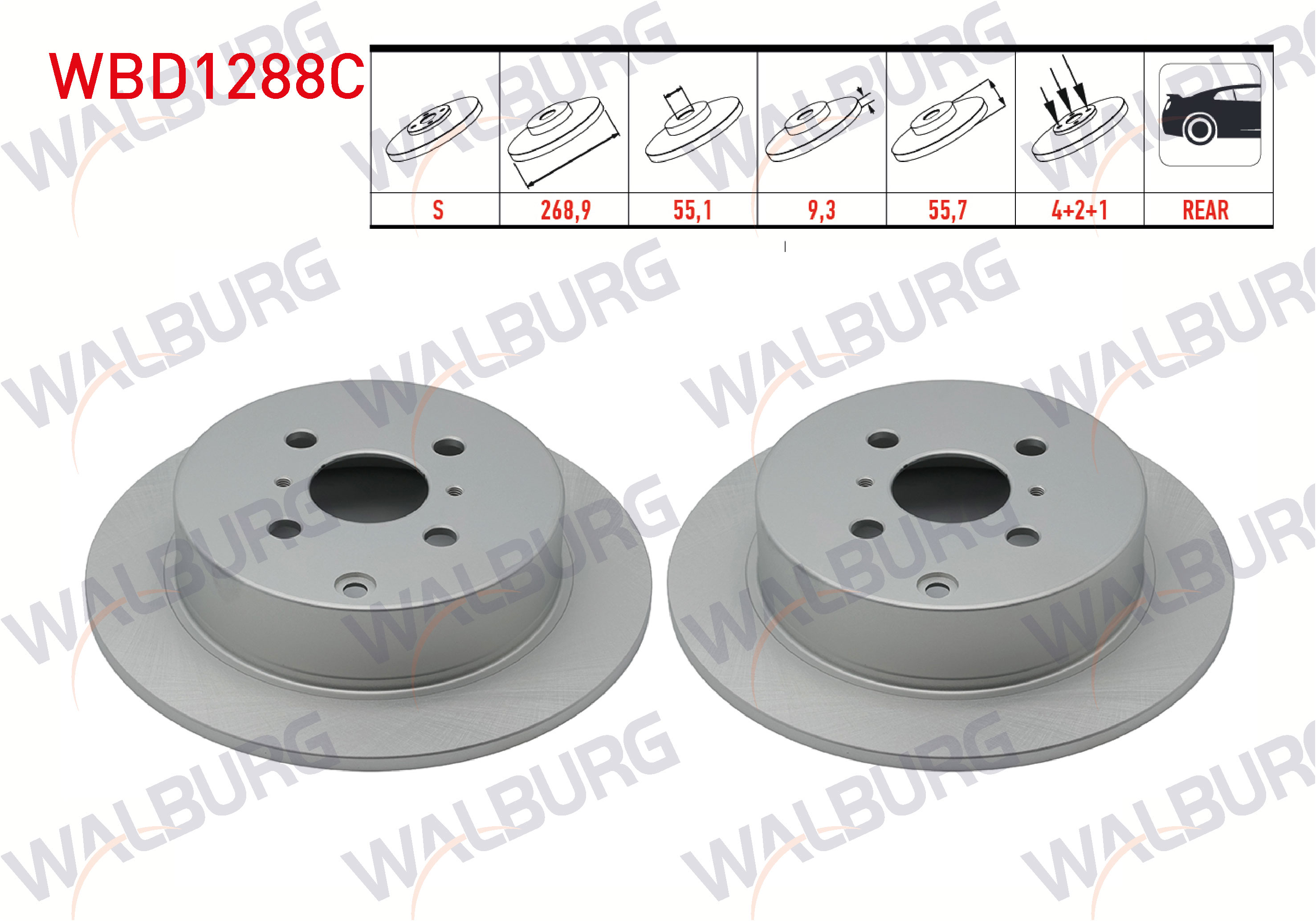 WALBURG  | FREN DISKI ARKA DUZ KAPLAMALI 4 BJN 268,9X9,3X55X57 YARIS 1.4 D-4D-1.5 VVT-I-1.3i 1999-2005/COROLLA 1.6 VVT-I-1.4 VVT-I-2.0 D-4D 2001-2007/COROLLA VERSO 2.0 D-4D-1.6 VVT-I 2001-200