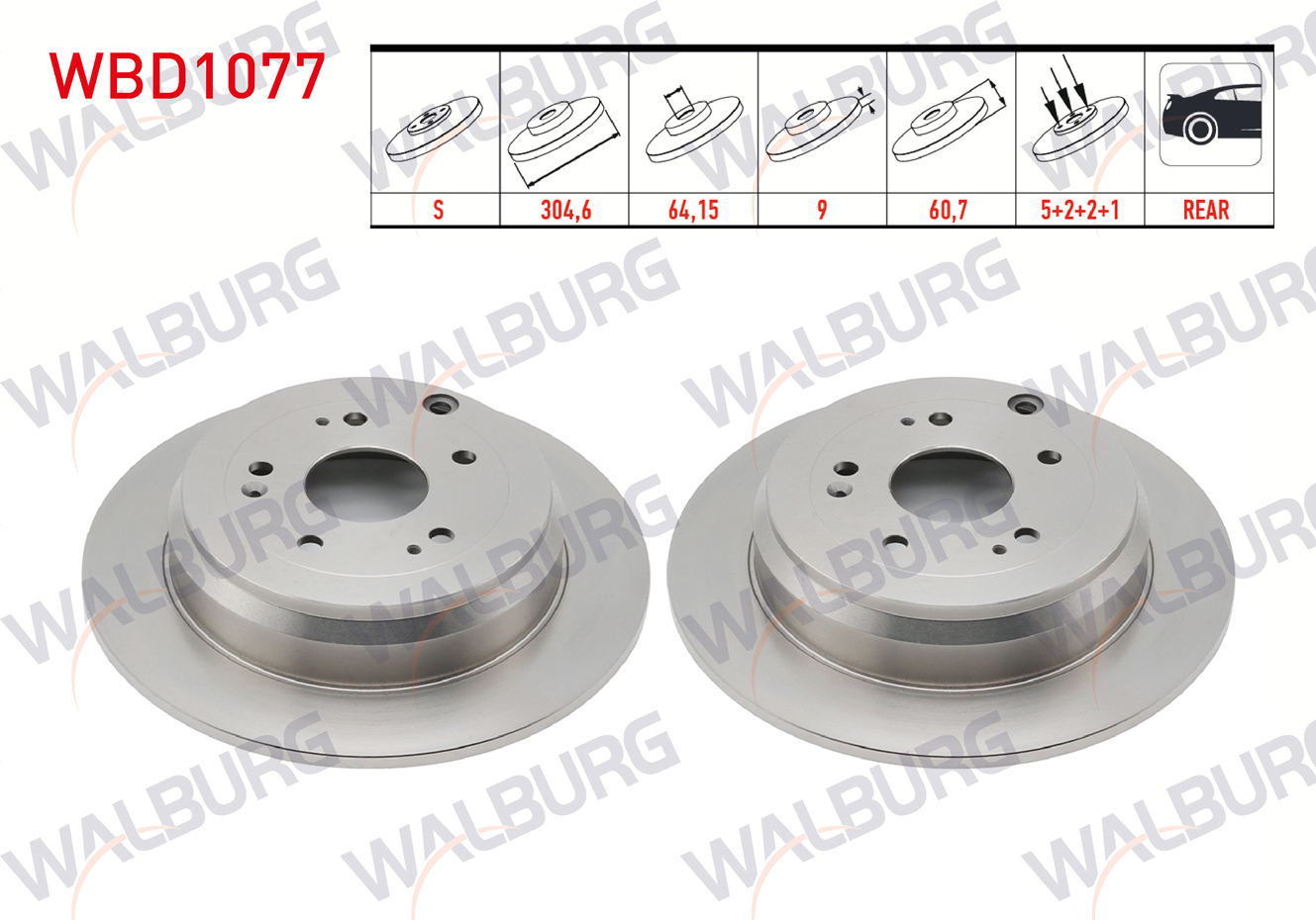 WALBURG  | FREN DISKI ARKA DUZ 5 BJN 304,6X9X64,15X60,7 HONDA CR-V IV 1.6i DTEC - 2.0 - 2.2i 2012-2014/ CR-V III 2.2i CTDI - 2.0 I-VTEC 2006-2012/ CR-V II 2.0i 2002-2006