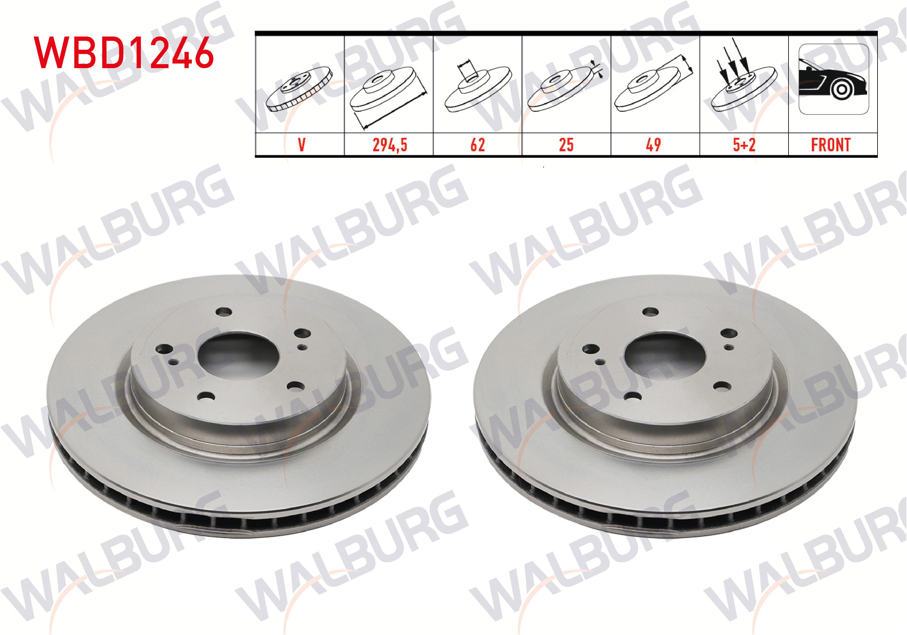 WALBURG 0 986 479 559 | FREN DISKI ON HAVALI 5 BJN 294,5X25X62X49 SUZUKI GRAND VITARA II (JT) 1.6 VVT-I 5 KAPI 2005-/ VITARA II (JT) 1.9 DDIS 2005- / VITARA II (JT) 2.0i 2005-